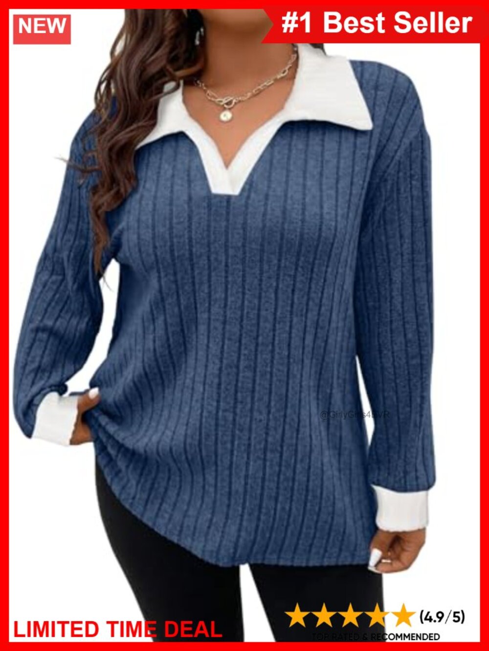 Plus Size Knit Sweater Lapel V Neck Lightweight Long Sleeve Tunic Pullover